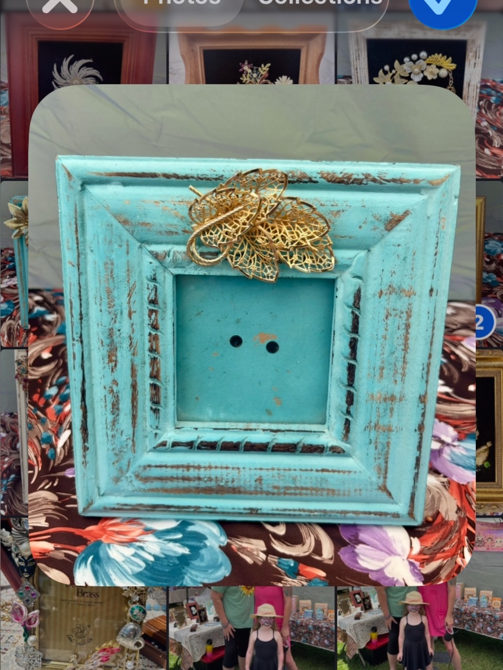 Vintage-Style Teal Distressed Picture Frame with Gold Leaf Accent